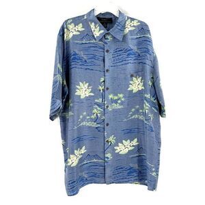 Silk Traders Hawaii 100% Silk Shirt Men's Hawaiian Floral Beach Size XL Blue Sun